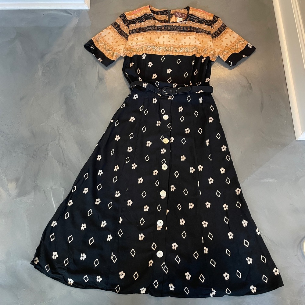 VTG Lisa II Mixed Print Belted Midi Dress M Button Front USA Black Tan Boho